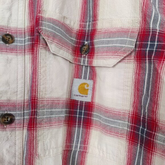 Carhartt Men's Button Down Shirt in Red Cream Size XL Plaid 100% Cotton Gorpcore - Picture 2 of 8